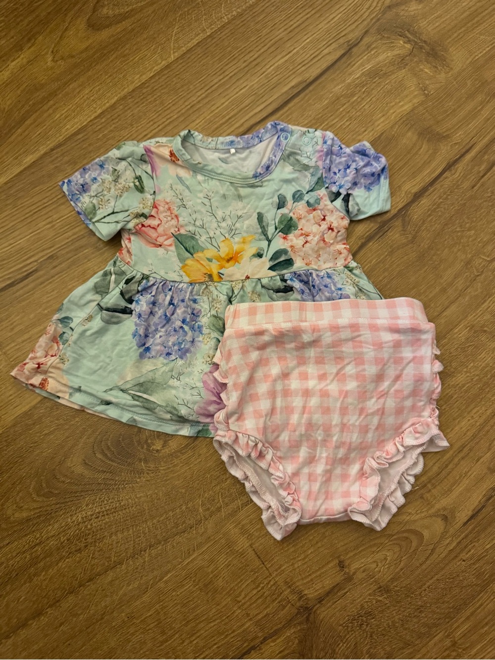 Posh Peanut Floral Mint Baby Top with Pink Gingham Bummies